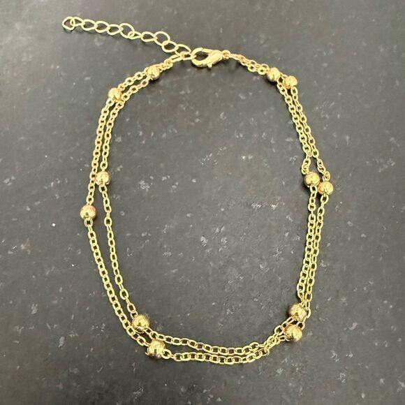 Delicate Double Layer Gold Plated Anklet - Beaded Cable Chain - Adjustable Size - Picture 3 of 8